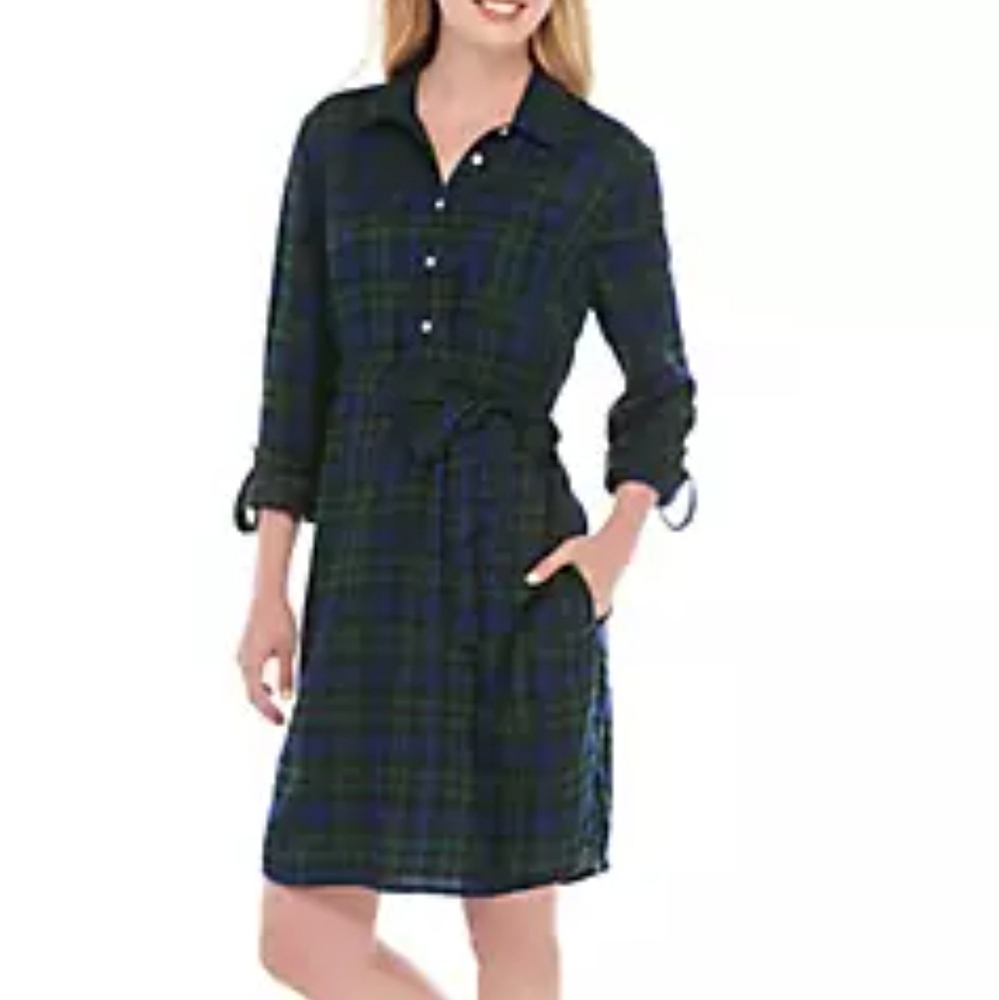 NEW Crown & Ivy Long Sleeve Plaid Shirt Dress Navy Blue Green Size XL